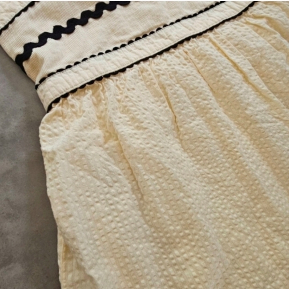 Japna Cream Cotton Tiered Midi Dress Black Ric Rac Trim Smocked Boho S - Picture 10 of 10